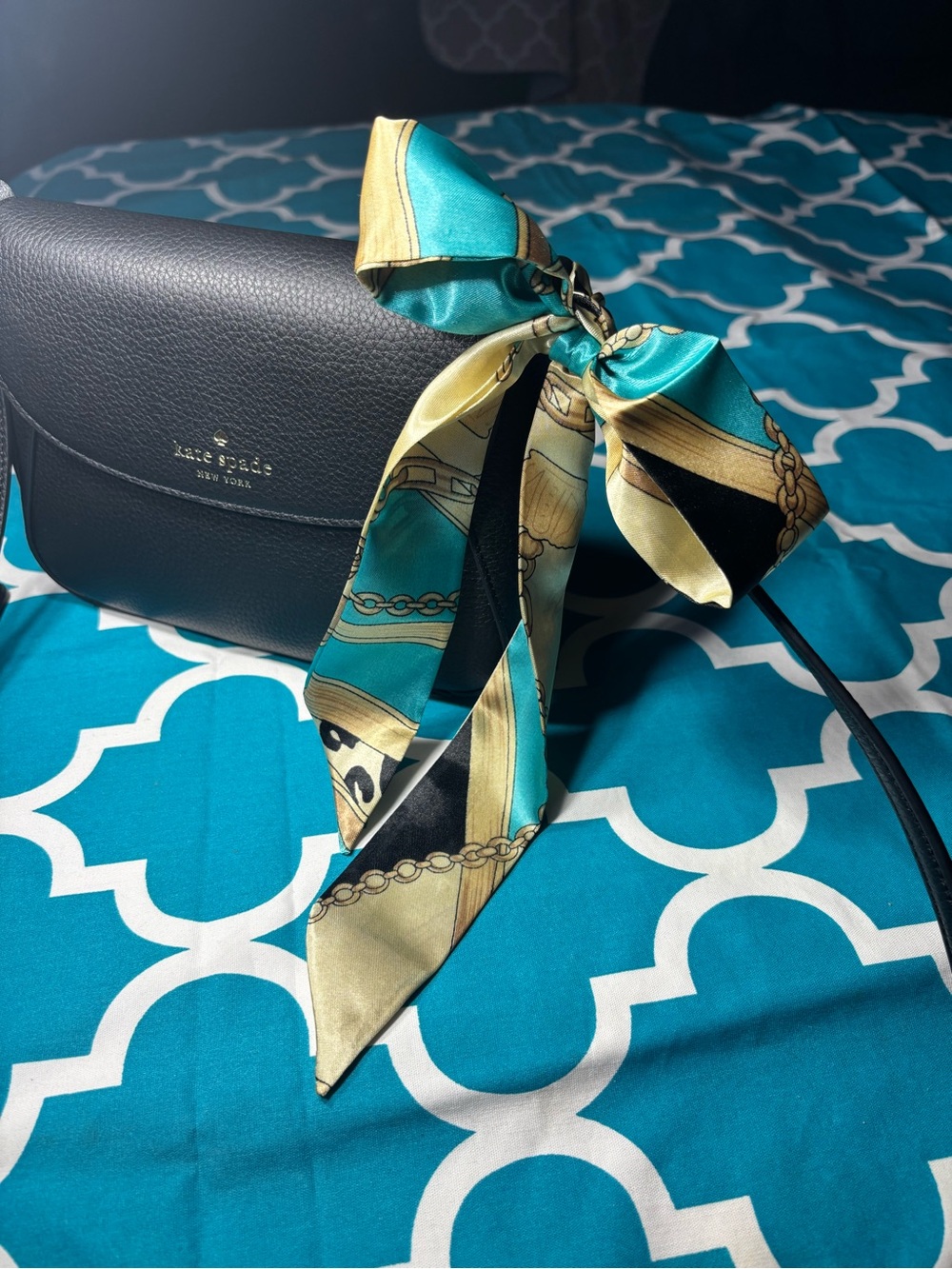 New Silk-Feel Teal and Gold Patterned Scarf Twilly Purse Bag 1.5” x 40”